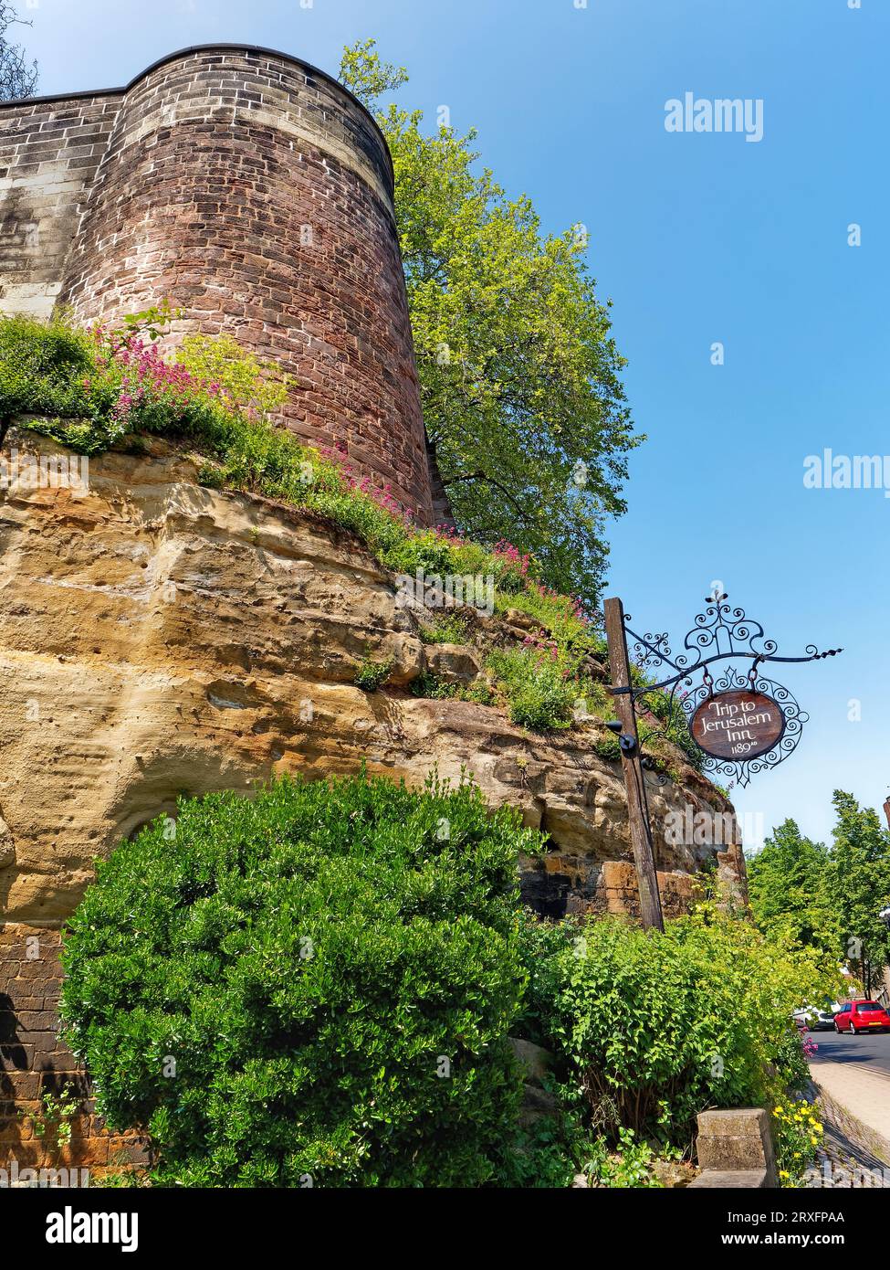 UK, Nottingham, Nottingham Castle, Castle Rock and Trip to Jerusalem Inn Sign. Stock Photo