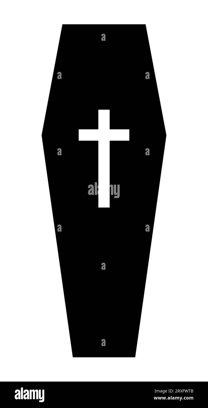A coffin, black and white vector silhouette illustration of casket funerary box with cross, isolated on white Stock Vector