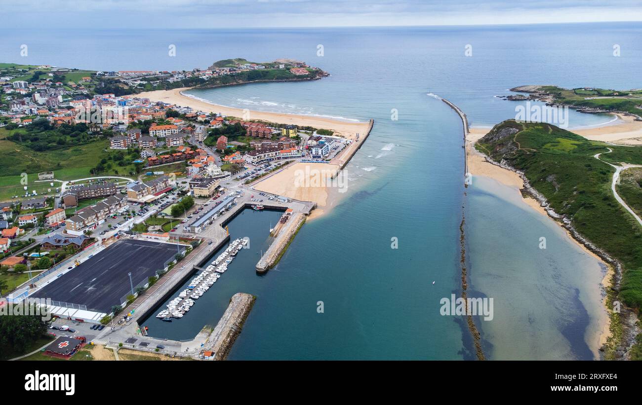 Aerial view of Suances town, its beach, San Martín de la Arena estuary, and the Atlantic Ocean. River Saja. Suances, central coast of Cantabria, Spain Stock Photo