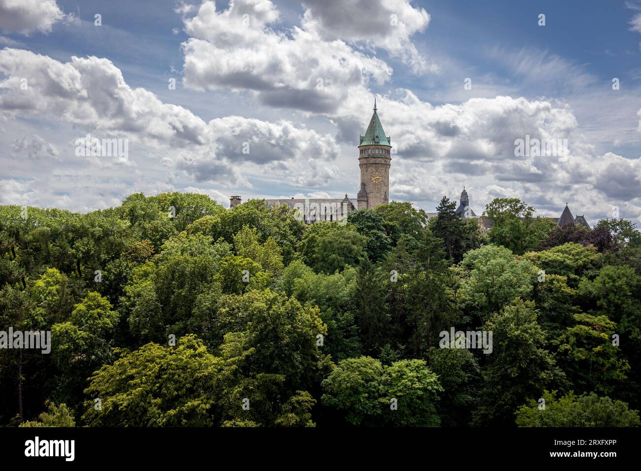Luxembourg city, view of the city park called 'valley of the Petrusse' and in the background the beautiful building  at the location called 'place de Stock Photo