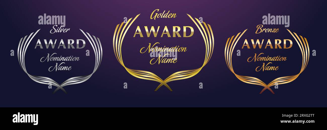 Set of awards. Golden, silver and bronze rewards. Modern design. Competitions cup elements. Isolated icons. Metallic shiny gradient. Creative shape. Stock Vector