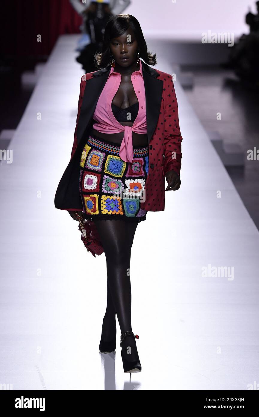 Milan, Italy. 21st Sep, 2023. Model Ajok Daing walks on the runway at the Moschino fashion show during the Spring Summer 2024 Collections Fashion Show at Milan Fashion Week in Milan, Italy on September 21 2023. (Photo by Jonas Gustavsson/Sipa USA) Credit: Sipa USA/Alamy Live News Stock Photo