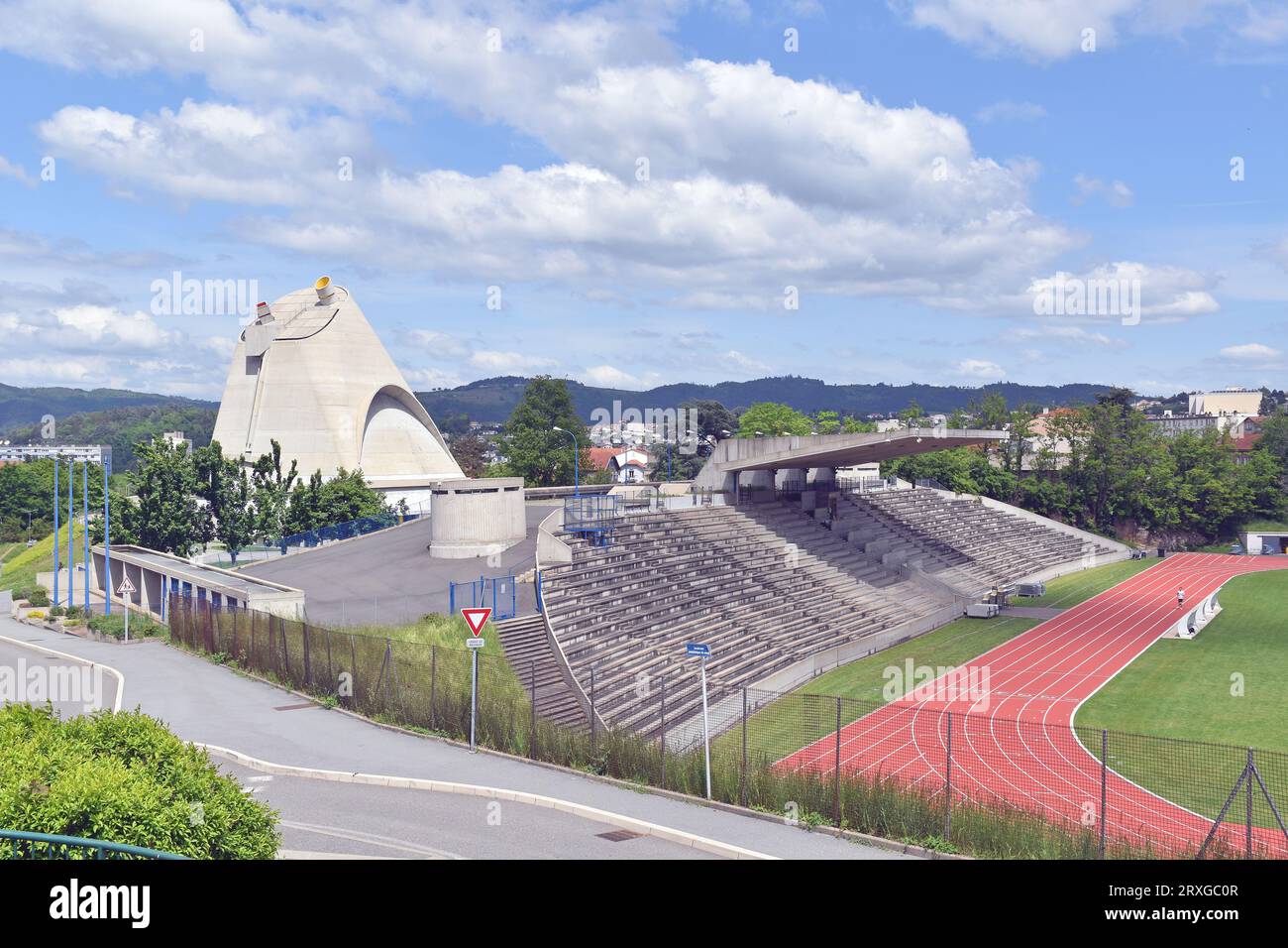 The Church of St Pierre, and the sports stadium in Firminy, France, architect Le Corbusier, part of a master-plan for Firminy-Vert, Green Firminy Stock Photo