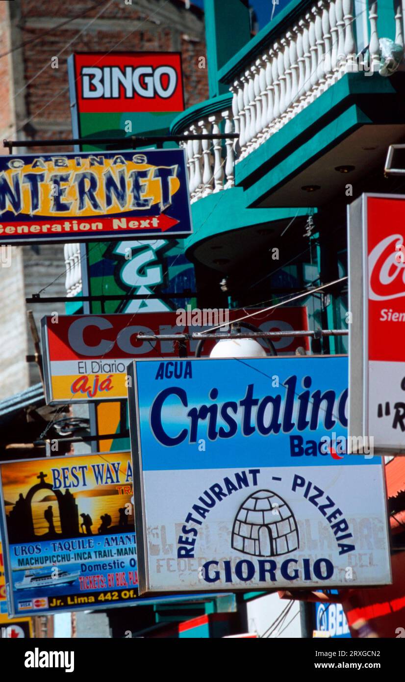 Peru Signage Signs of shops on Calle Lima, Puno, Lake Titicaca, Peru Stock Photo - Alamy