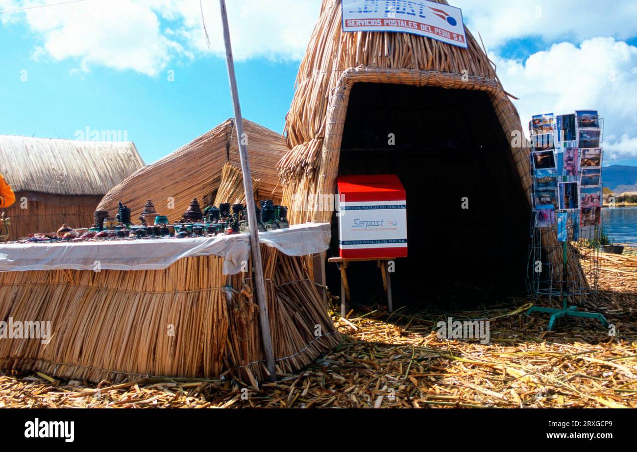 Reed hut with souvenirs on floating island 'Kamisaraki' constructed ...