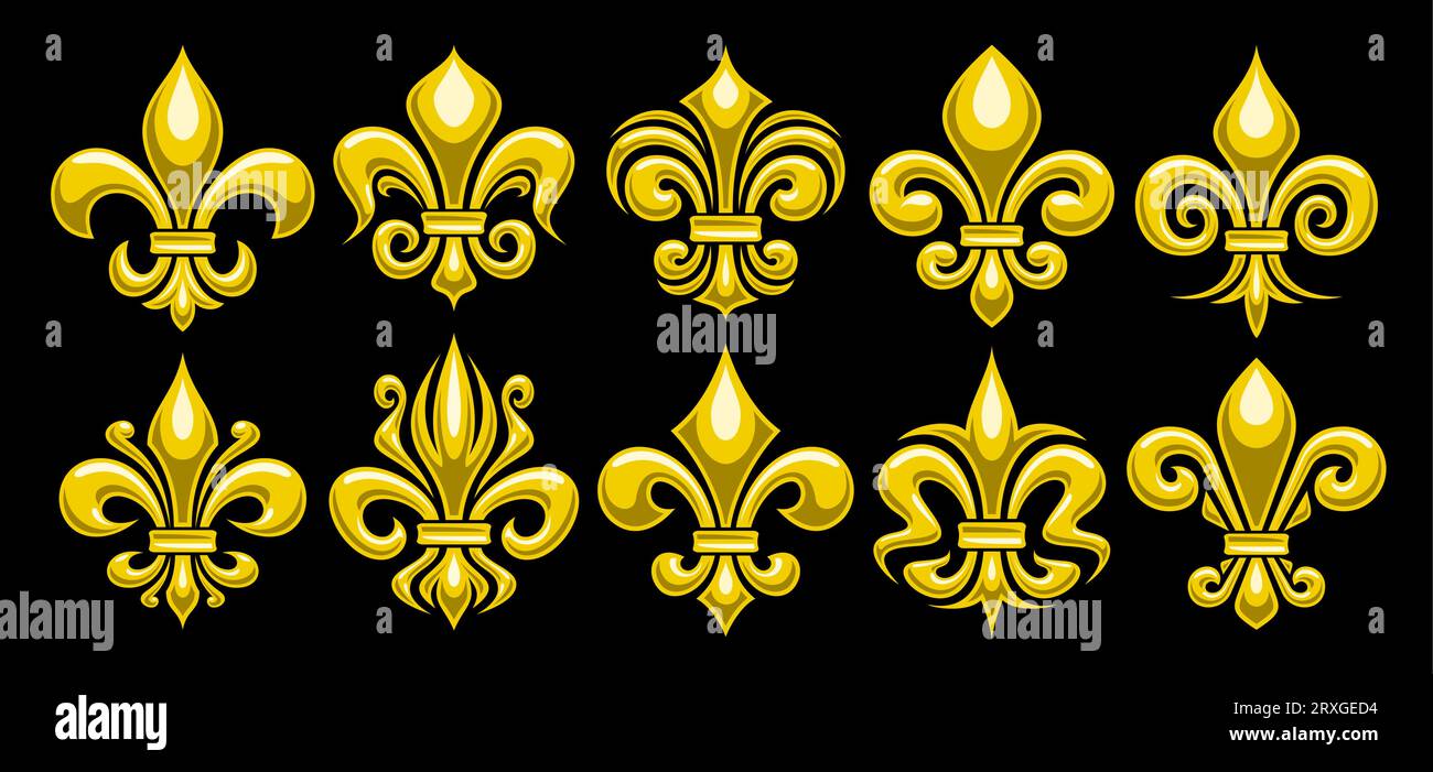Vector Fleur de Lis set, horizontal banner with lot collection of 10 cut out illustrations of variety yellow fleur de lis lily flowers, group of many Stock Vector