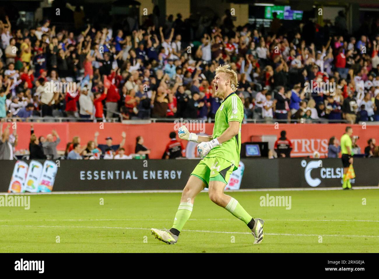 Chris Brady of Chicago Fire FC celebrates after the Fire score a goal in Chicago, IL on Sept. 23rd, 2023. Stock Photo