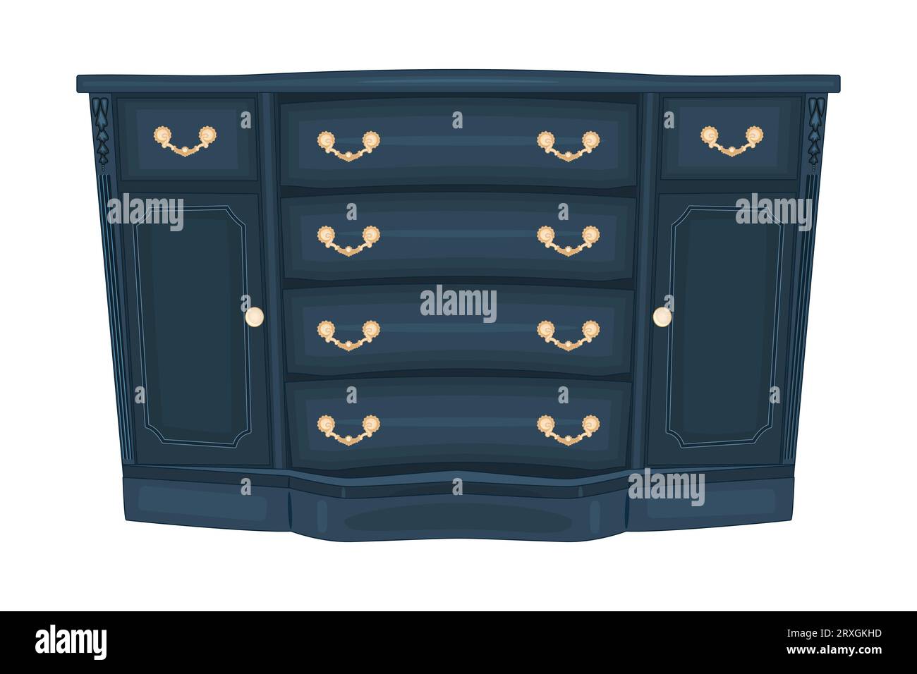 Chest of drawers. Blue wooden commode. Piece of bedroom furniture and home interior. Dark dresser or console table for bedroom and living room. Vector Stock Vector