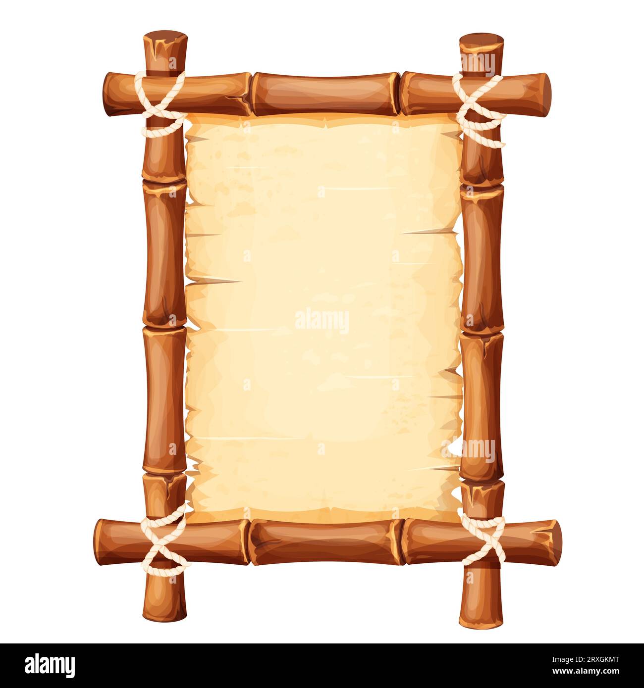 Bamboo frame with old parchment paper decorated with rope in cartoon