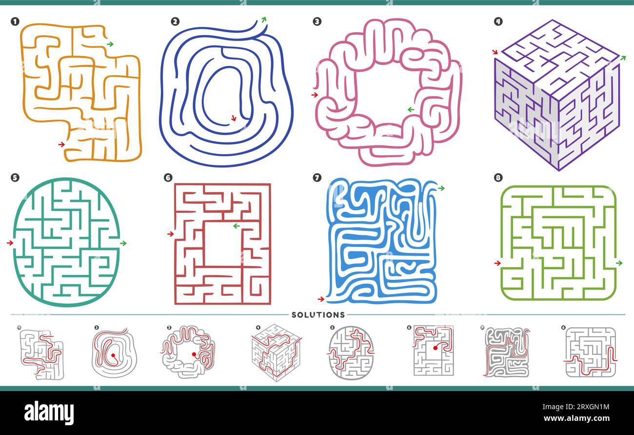 Illustration of maze puzzle activities graphs set with solutions Stock