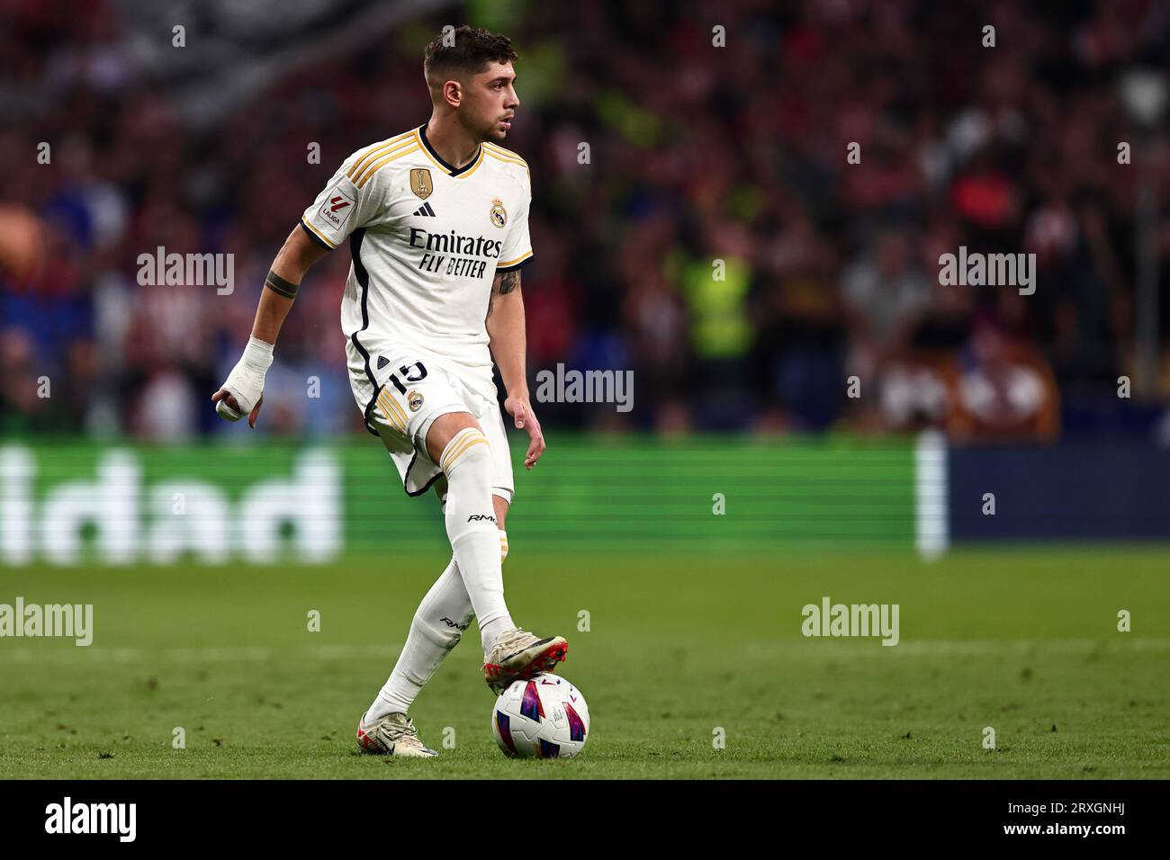 Federico Valverde of Real Madrid Cf in action during the La Liga match beetween Club Atletico de Madrid and Real Madrid CF at Civitas Metropolitano Stadium on September 24, 2023 in Madrid  Spain . Stock Photo