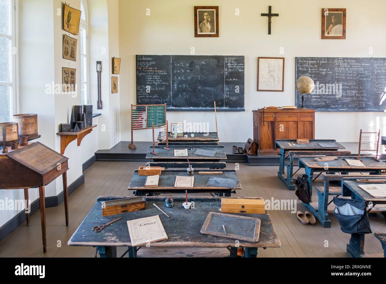 1920s classroom of country school at Domaine du Fourneau Saint-Michel, open-air museum of Walloon rural life at Saint-Hubert, Ardennes, Belgium Stock Photo