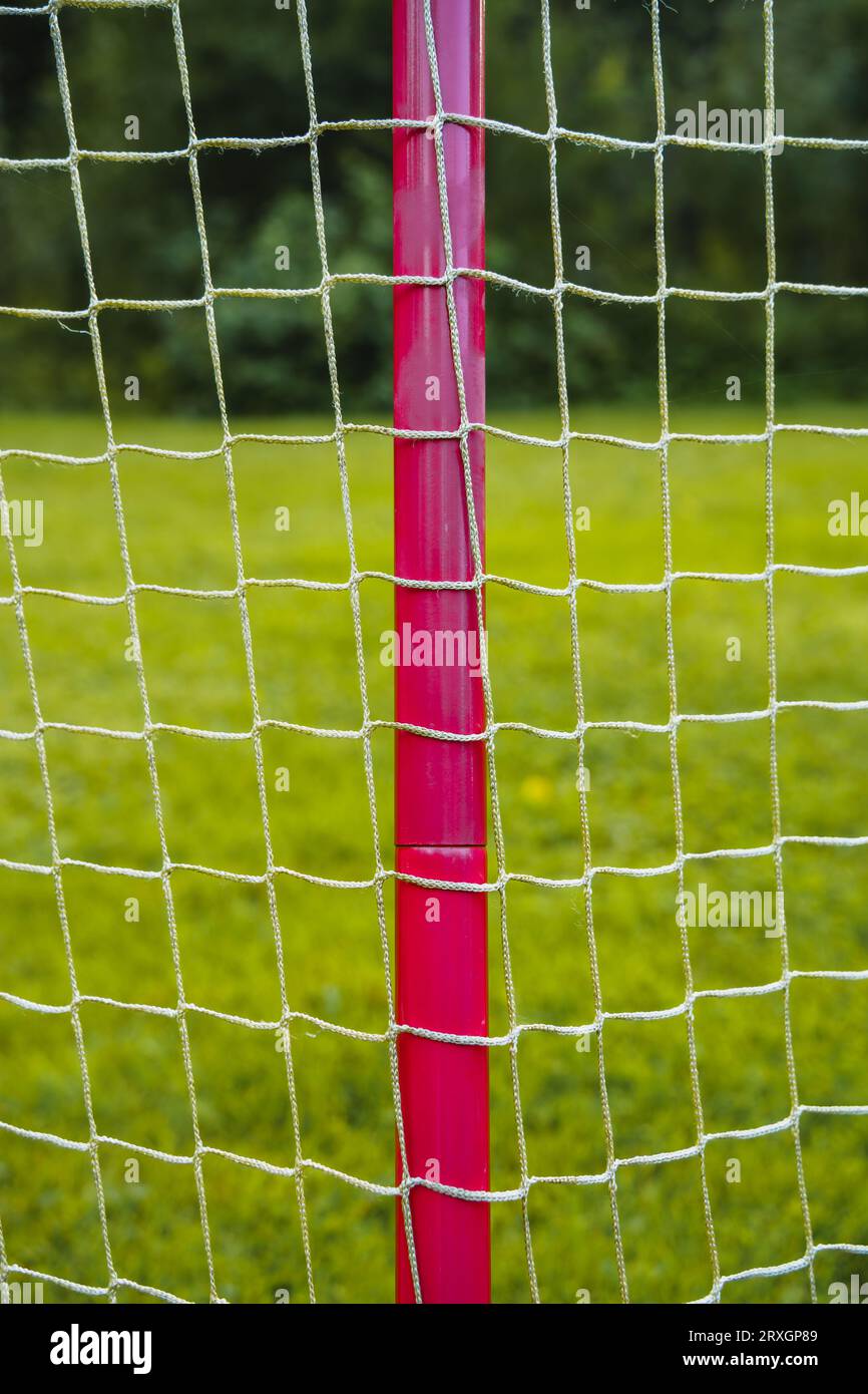 Goal net with red pole close up, with green grass in the background