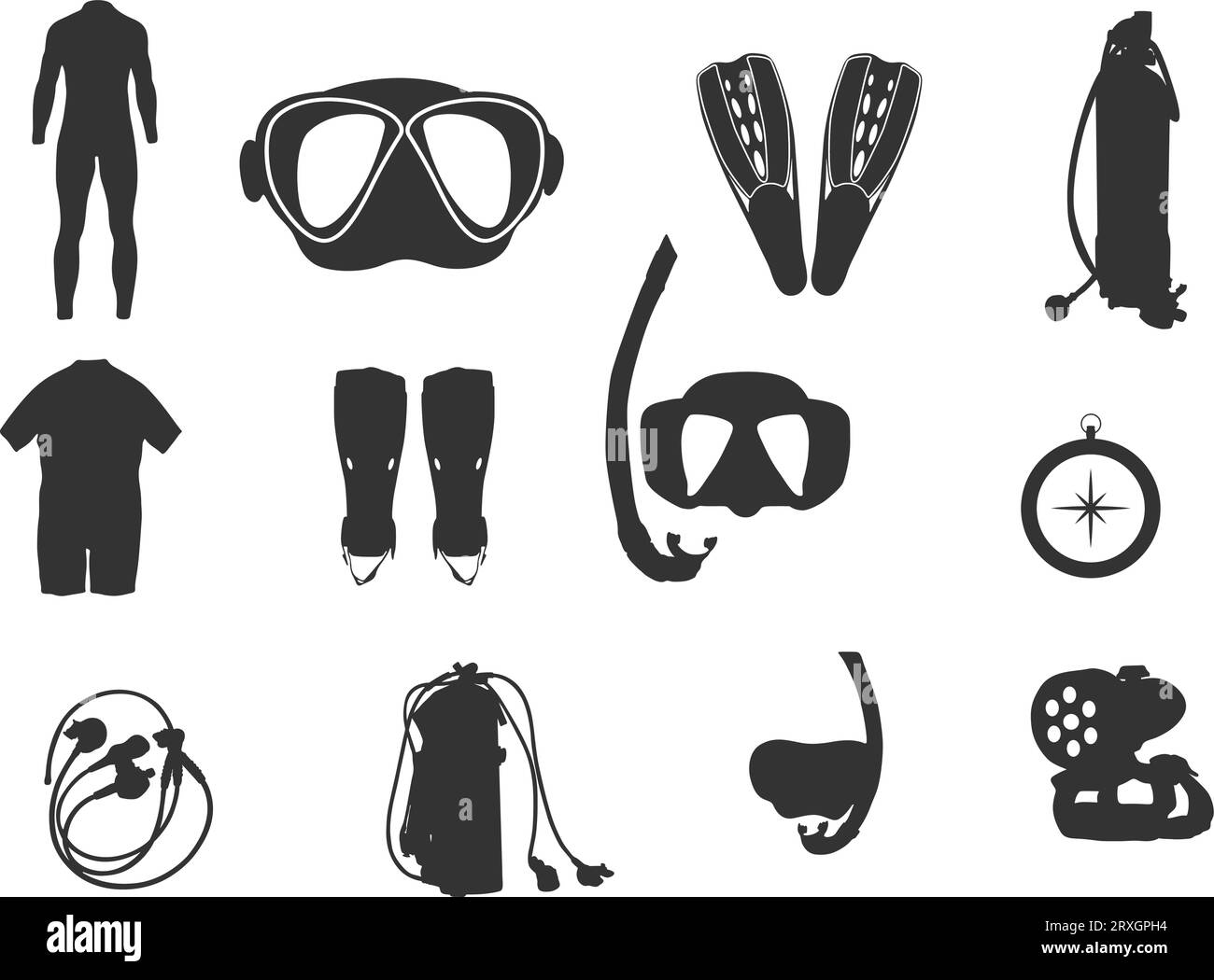 Diving equipment silhouette, Scuba diving equipment silhouette, Equipment silhouette, Diving element vector, Snorkeling gear icons. Stock Vector