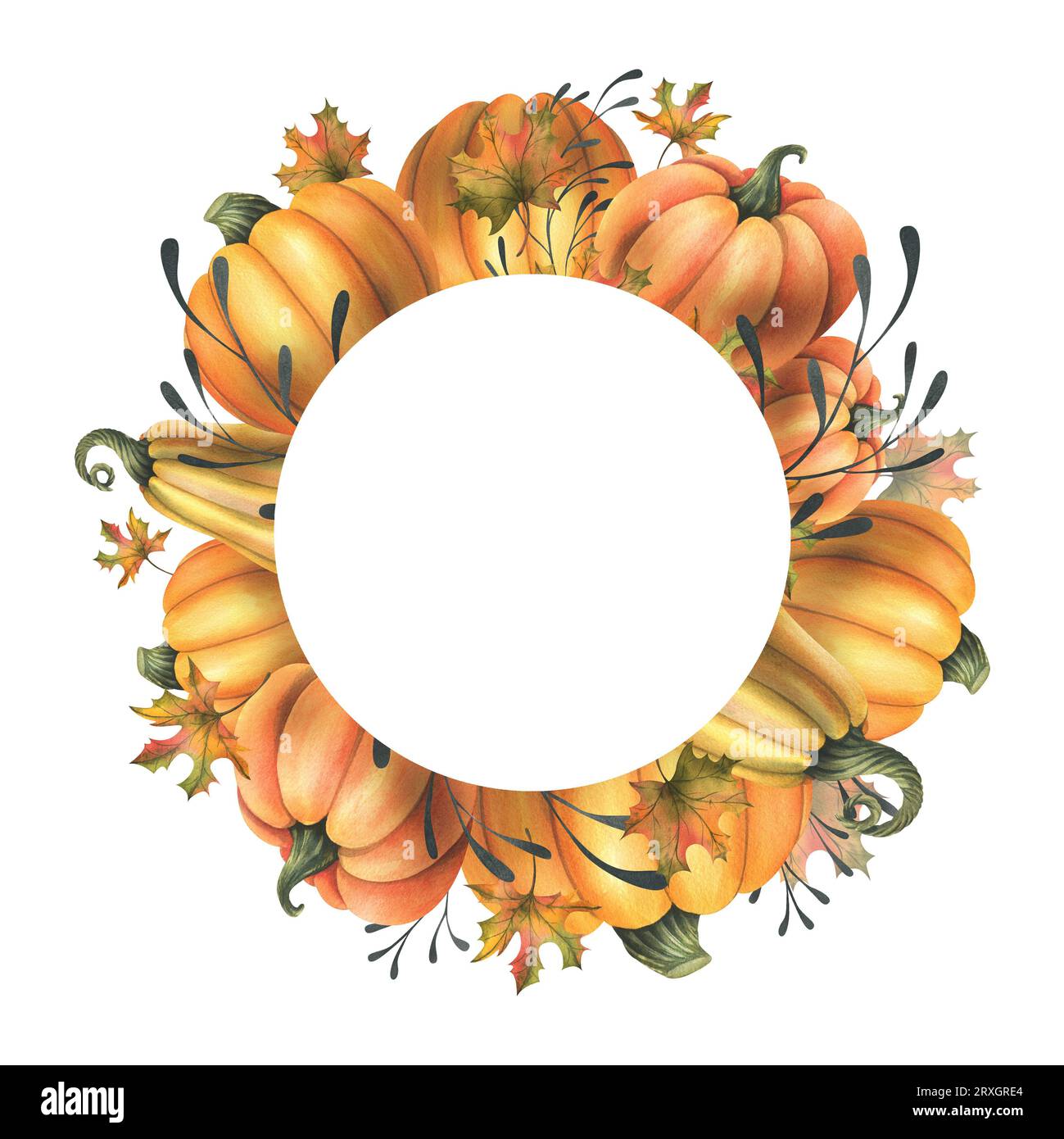 Orange autumn pumpkins with maple leaves and twigs. Watercolor ...