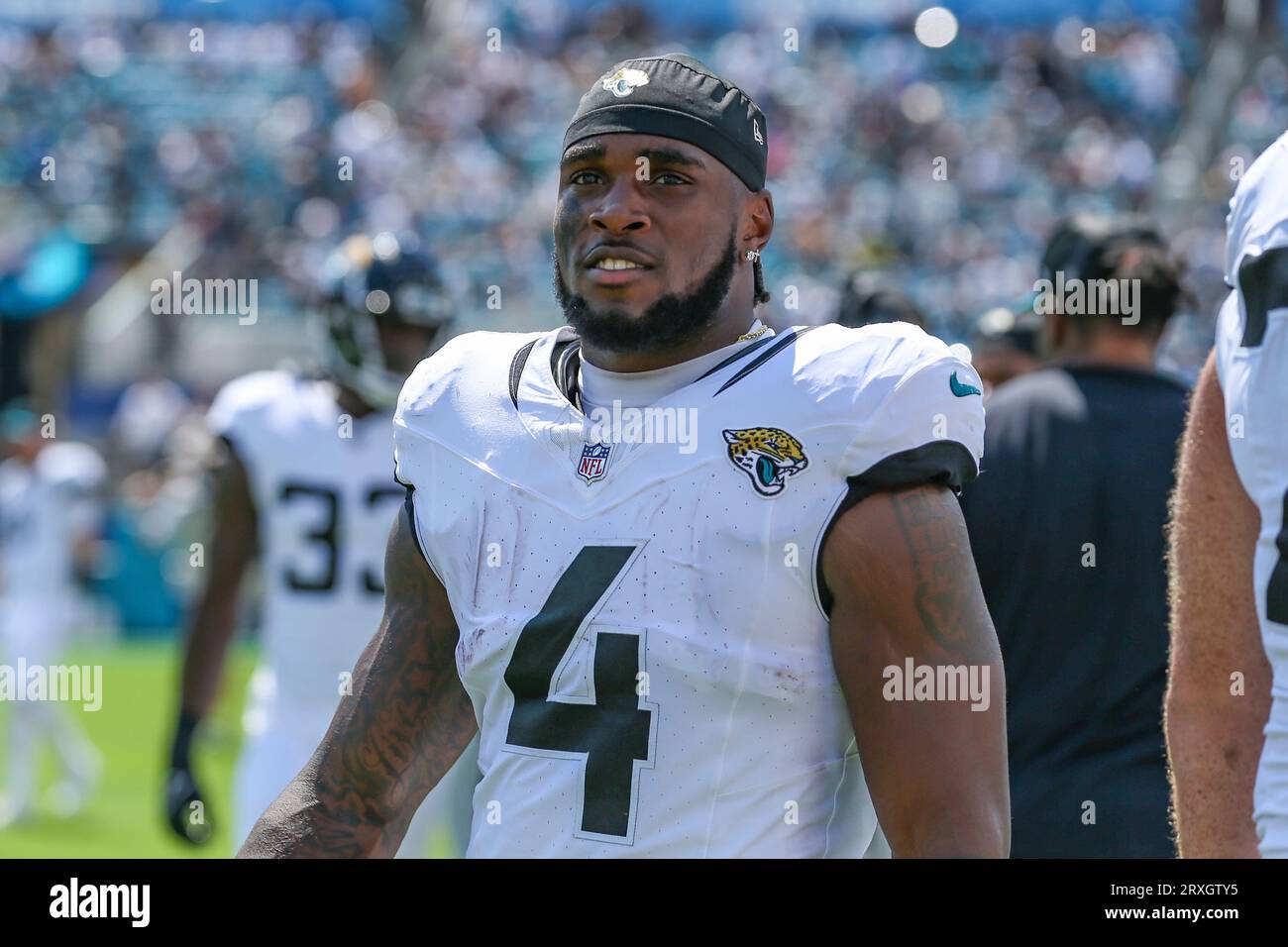 Jacksonville Jaguars running back Tank Bigsby runs with the ball prior to  an NFL Football game in Arlington, Texas, Saturday, August 12, 2023. (AP  Photo/Michael Ainsworth Stock Photo - Alamy