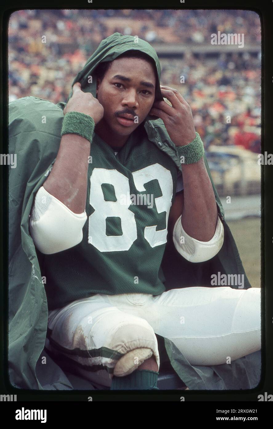 Portrait of New York Jets receiver Jerome Barkum who was seated on the bench during a game at Shea Stadium in Flushing, Queens, New York in the late 1970s. Stock Photo
