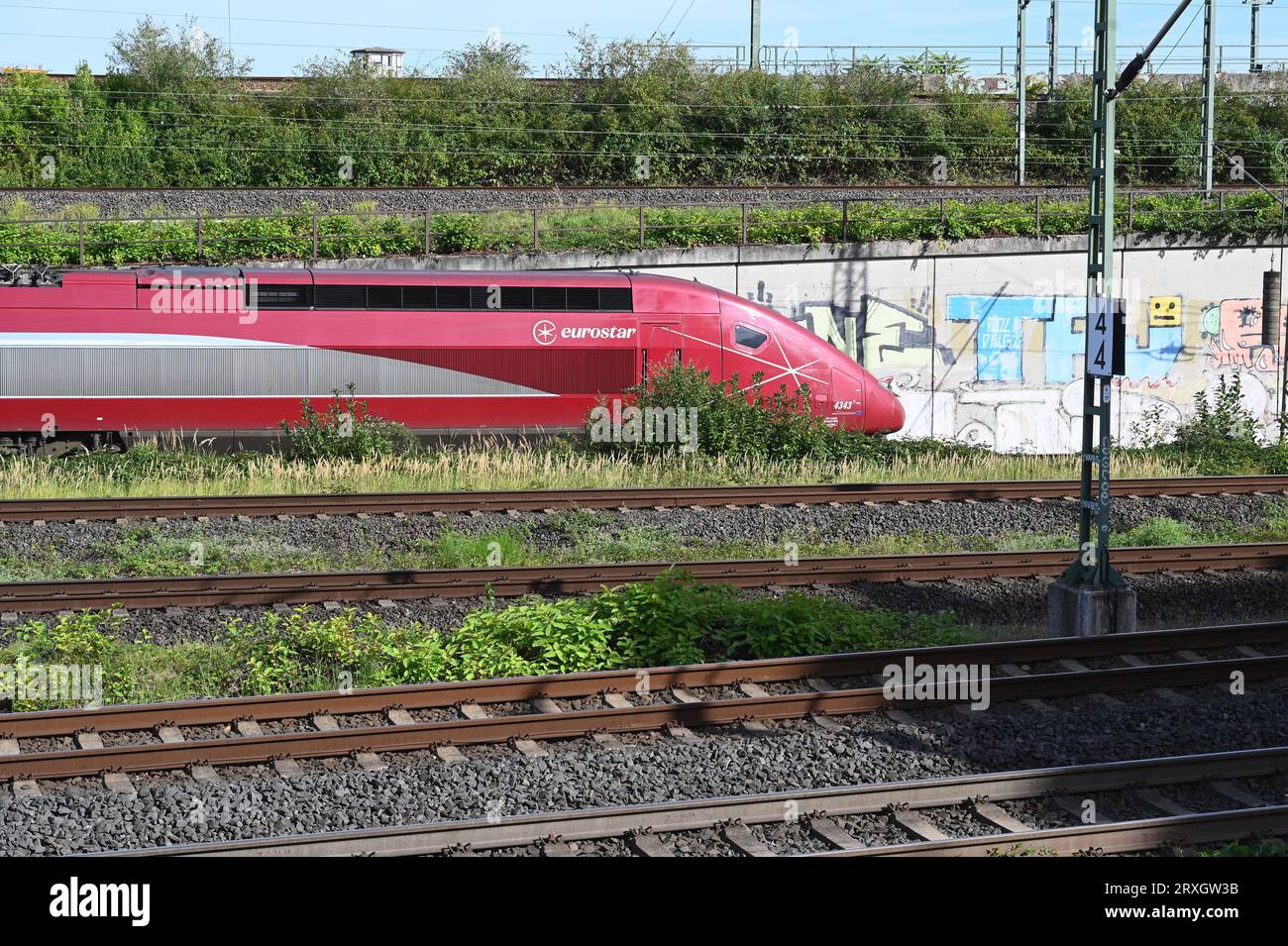 Cologne, Germany. 25th Sep, 2023. Railcar of the EUROSTAR highspeed train is underway near