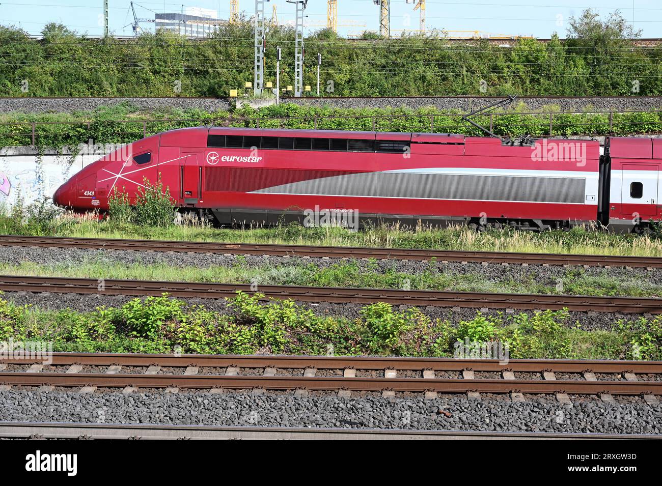 Cologne, Germany. 25th Sep, 2023. Railcar of the EUROSTAR highspeed train is underway near