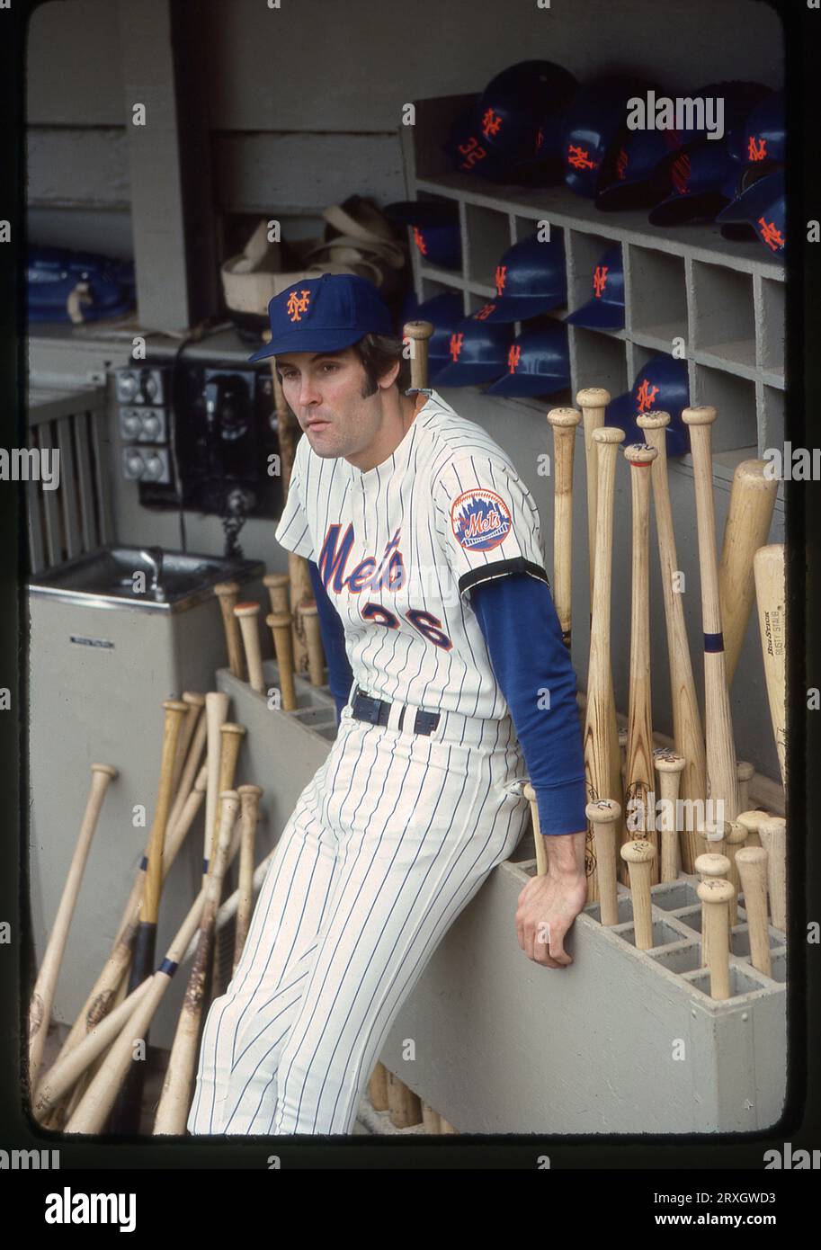 A 1978 photo of New York Mets slugger Dave 'Kong' Kingman in the Mets dugout at Shea Stdium in Queens, New York City. Stock Photo
