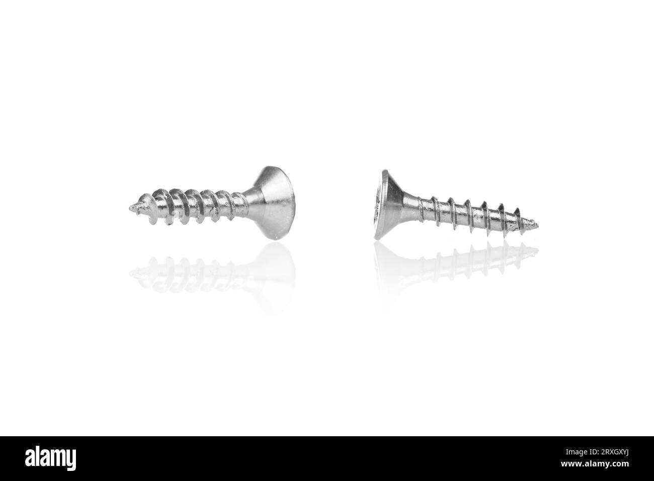 macro screw of silver color on a white background close-up Stock Photo