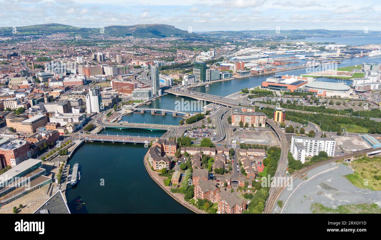 Aerial view on river and buildings in City centre of Belfast Northern Ireland. Drone photo, high angle view of town Stock Photo