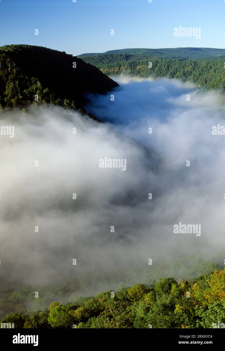 Pine Creek Gorge in fog from Barbour Rock, Pine Creek Natural Area, Tioga State Forest, Pennsylvania Stock Photo