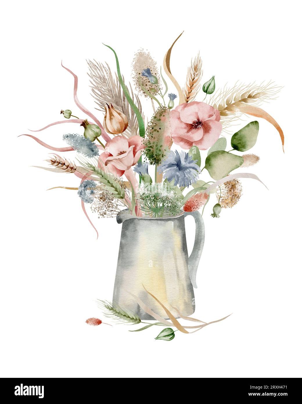 Watercolor illustration of dried flowers standing in a jug, in warm autumn colors on a white background. Stock Photo