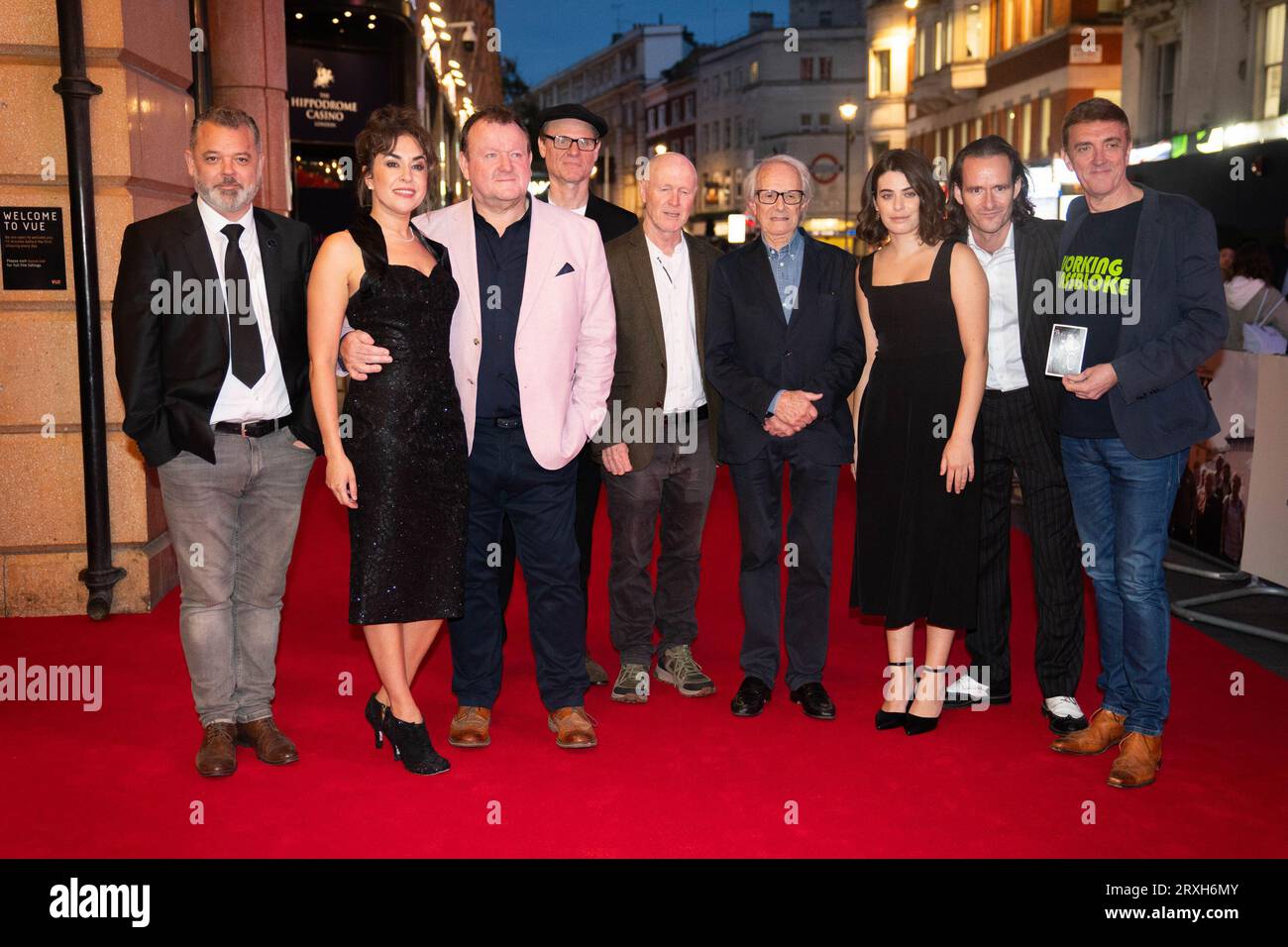 (left to right) Colin Tate, Claire Rodgerson, Dave Turner, Trevor Fox, Paul Laverty, Ken Loach, Ebla Mari, Jordan Louis and Chris McGlade attend the UK premiere of The Old Oak at Vue West End in London. Picture date: Monday September 25, 2023. Stock Photo