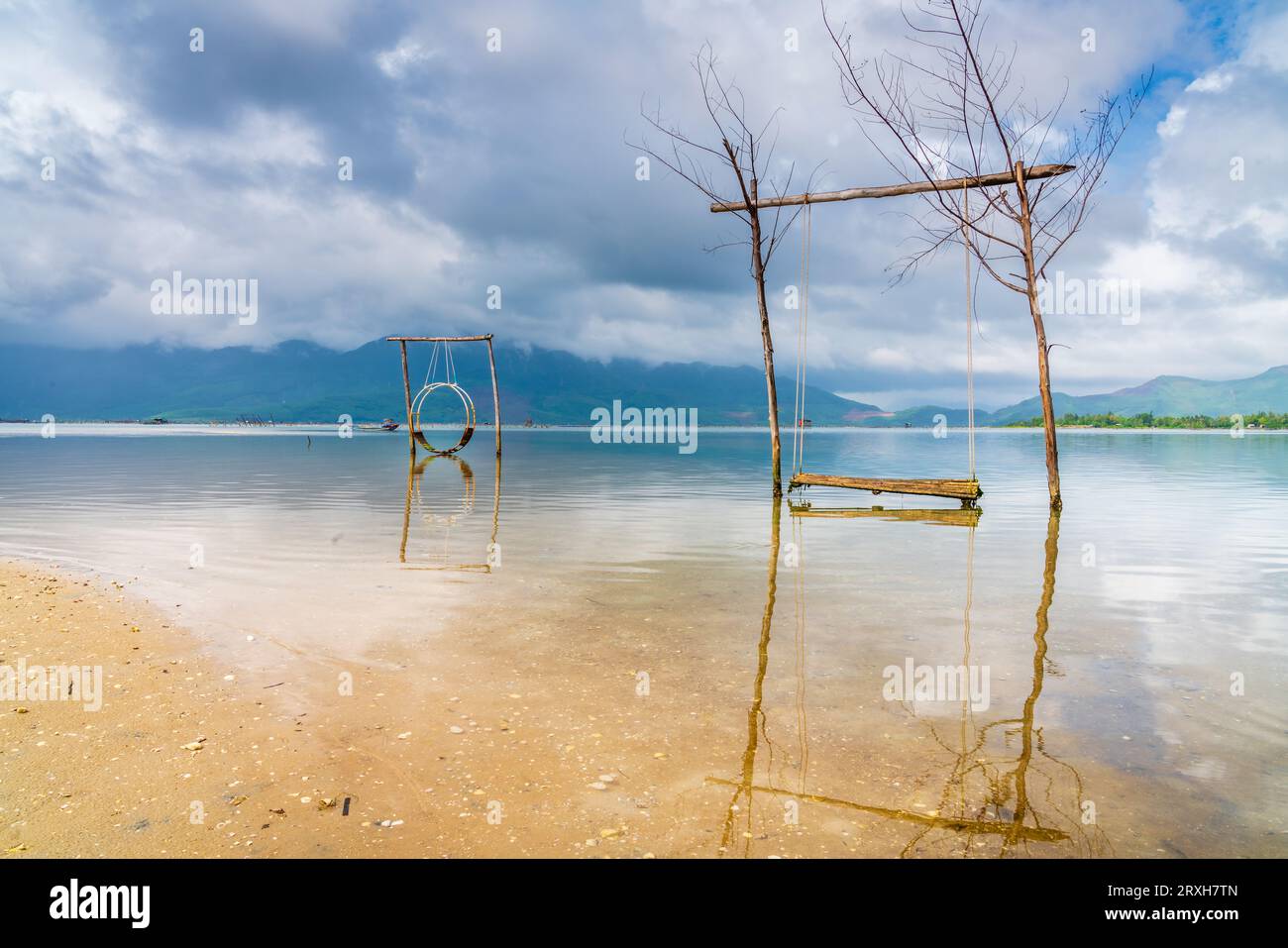 Swing sets in a coastal lagoon in Central Vietnam Stock Photo