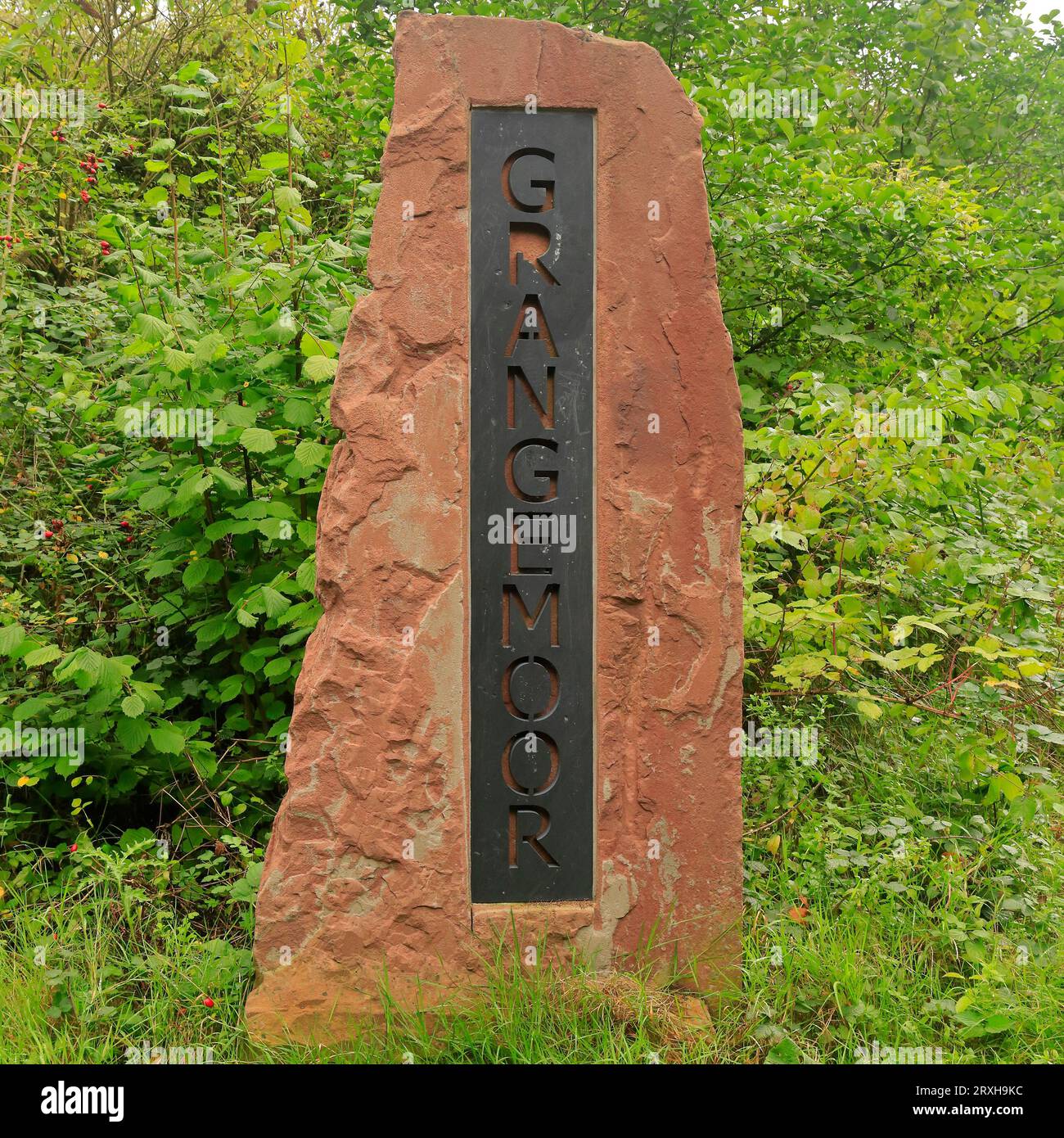 Grangemoor metal and vertical rock sign on Ely Trail. Grangemoor Community Park, Grangetown, Cardiff, Wales. Taken September 2023 Stock Photo