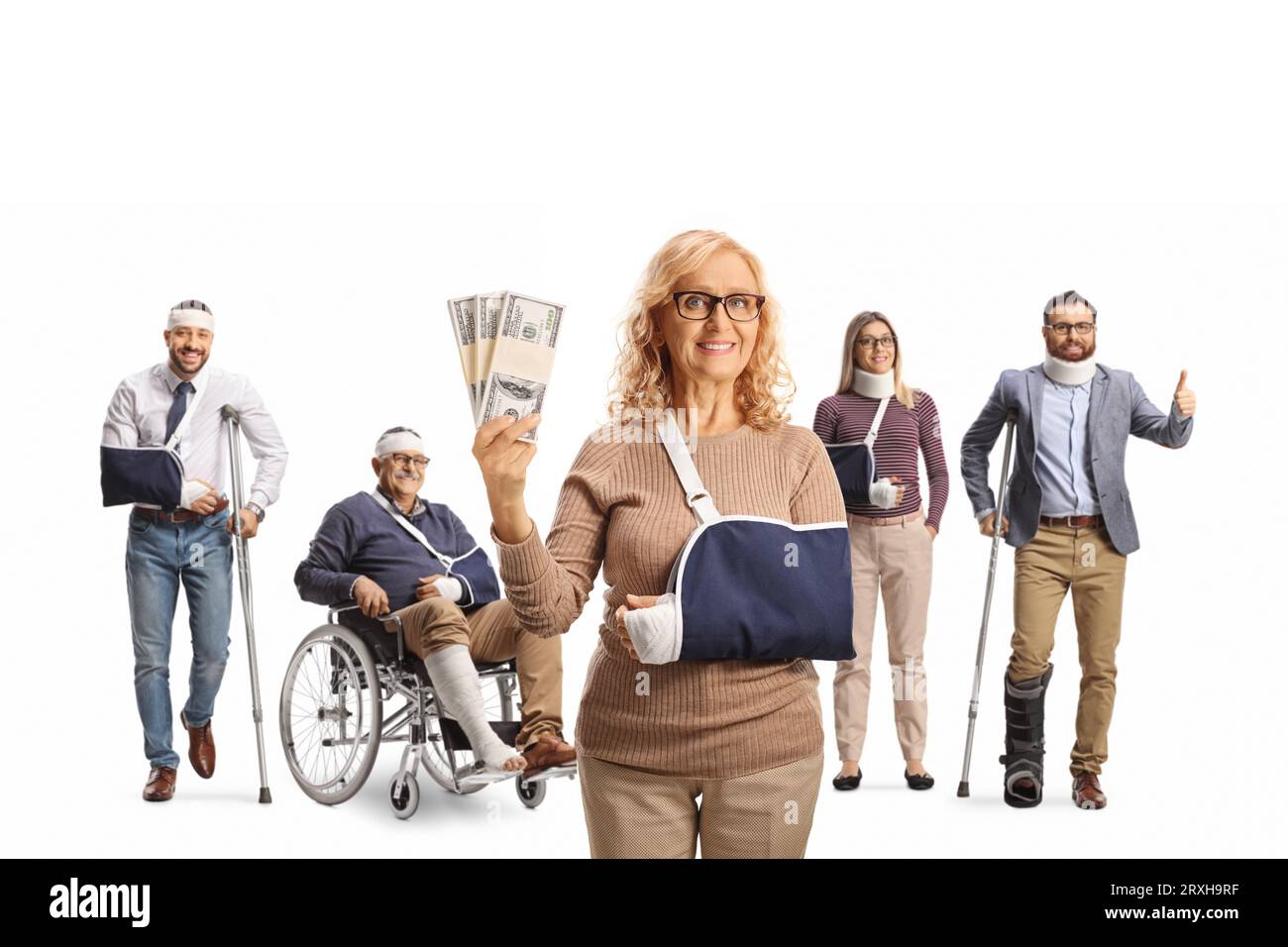 Woman with an arm sling holding money in front of group of injured ...