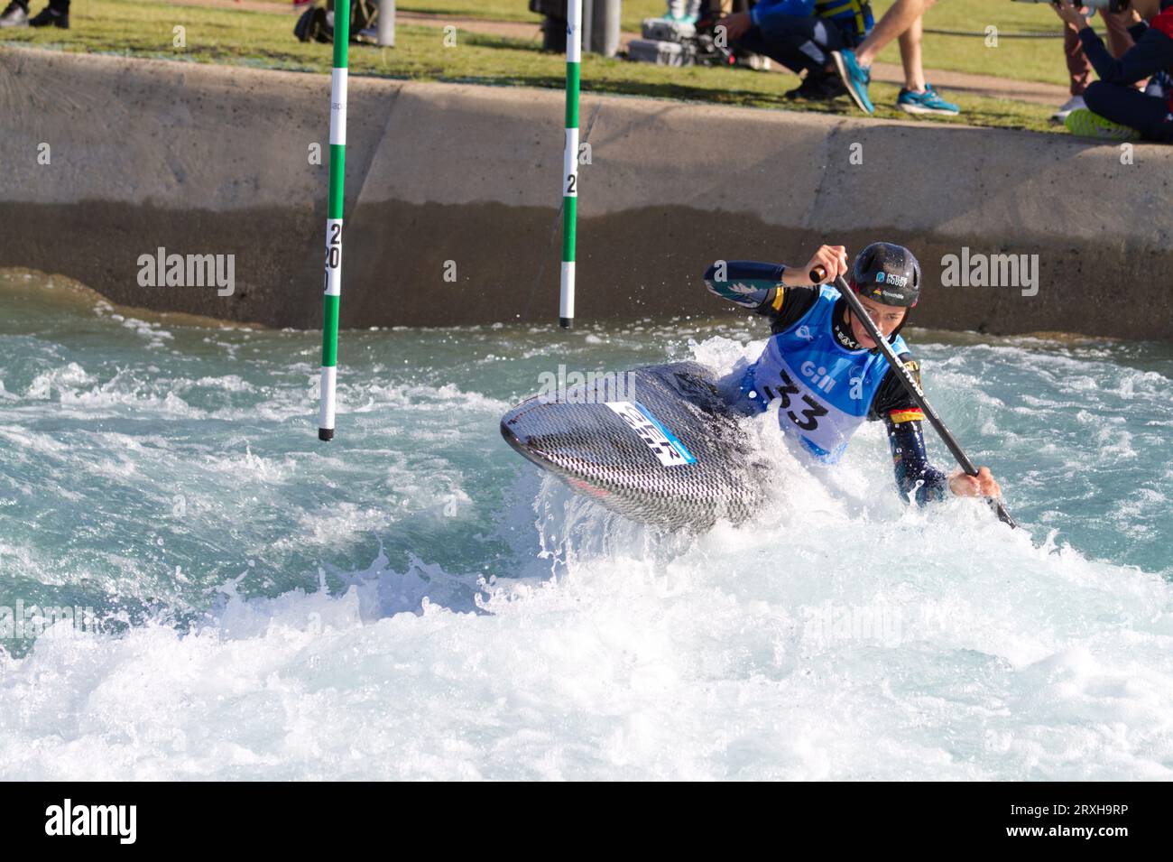 Nele Bayn of Germany competes in the women's C1 at the ICF Canoe Slalom World Championships held at Lee Valley White Water Centre. Stock Photo