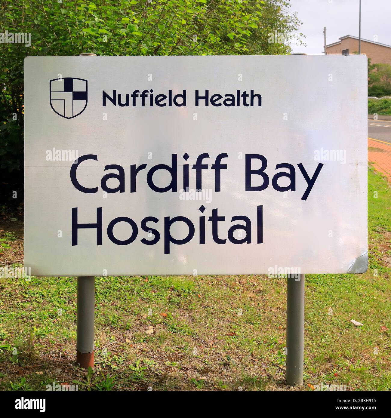 Sign for Nuffield Health, Cardiff Bay Hospital, Cardiff, Taken September 2023 Stock Photo