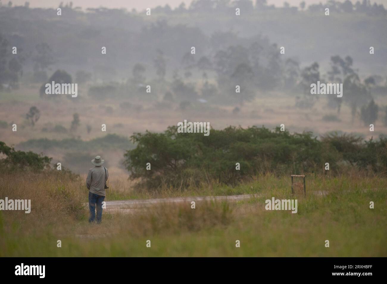 Man stands alone admiring the scenery in Queen Elizabeth National Park in Uganda, Africa; Uganda Stock Photo