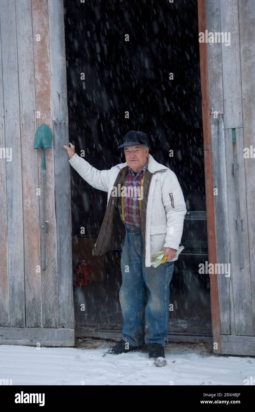 Portrait of a farmer standing in a barn doorway in a snowfall; Walton, Nebraska, United States of America Stock Photo