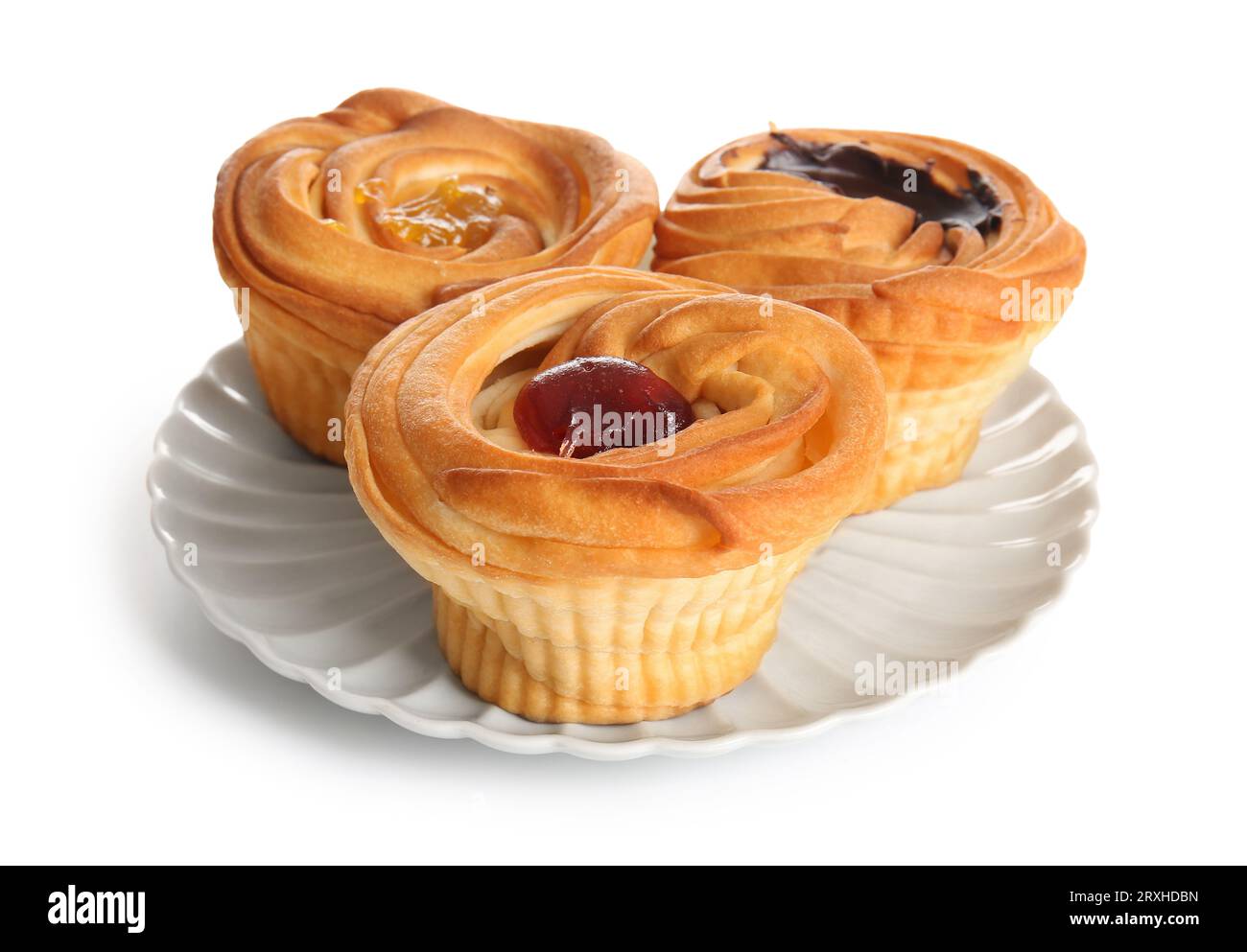 Plate with tasty cruffins on white background Stock Photo