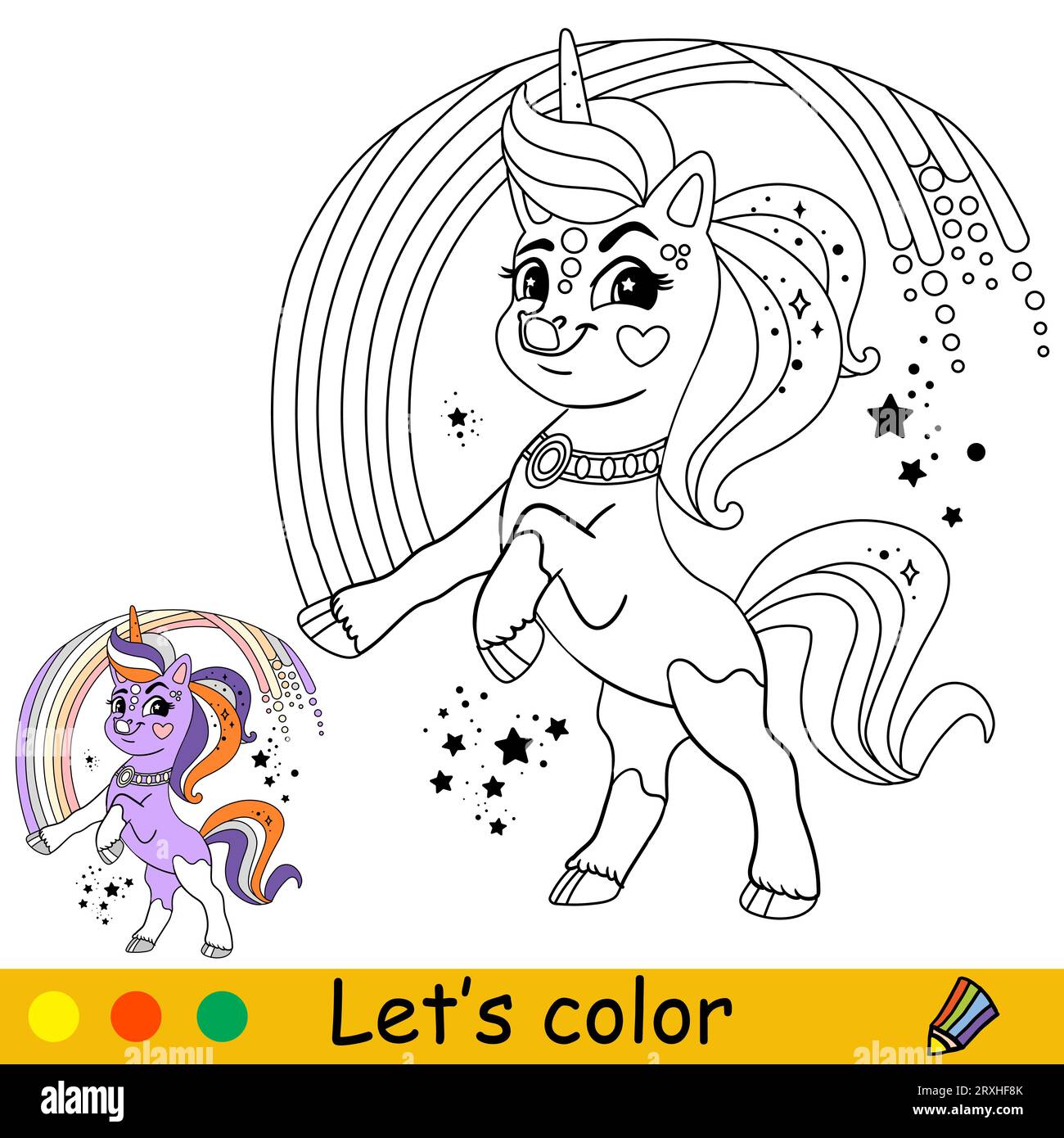 Cartoon cute joyful unicorn with a rainbow. Coloring book page. Unicorn ...
