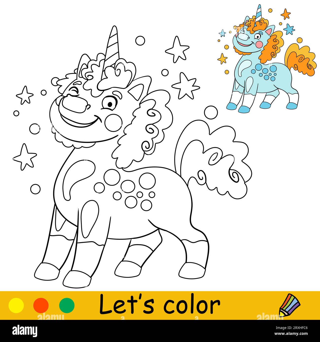 Cartoon cute joyful unicorn with stars. Kids coloring book page ...