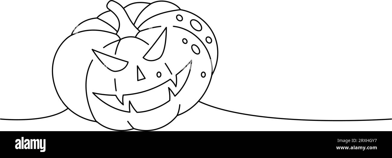 Pumpkin with scary face one line continuous drawing. Halloween pumpkin ...