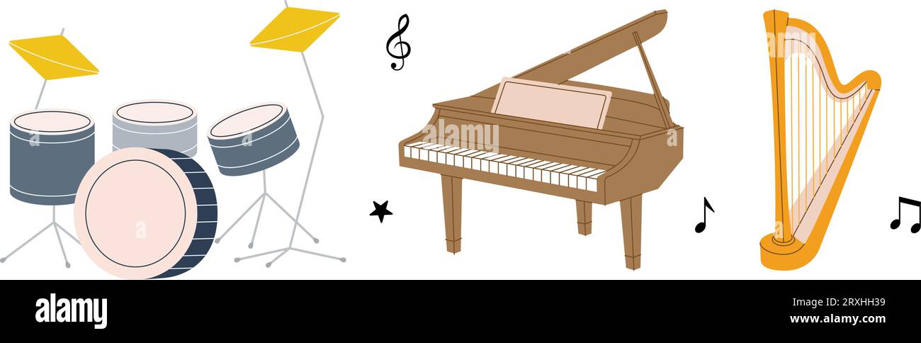 Musical instruments set. Drum kit lyre wooden harp grand piano