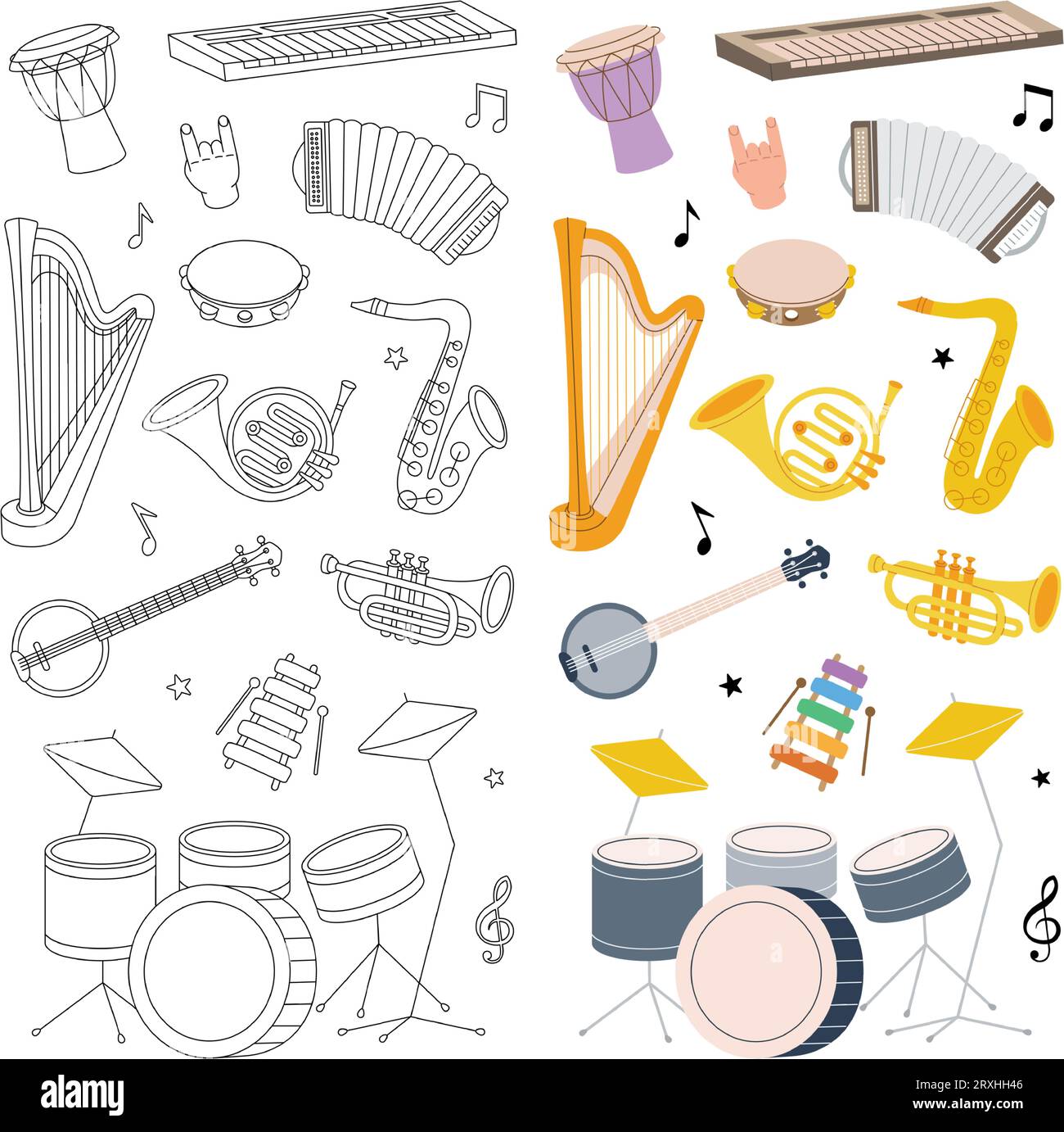 Musical instruments set. Music school banner design. Tuba, trumpet