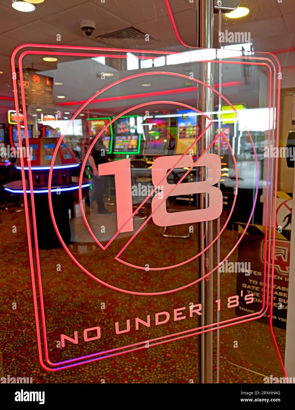 No under 18s, age limit for entering slots and gambling area at Blackburn with Darwen Services - Extra M65 J4, Lancs, England, BB3 ODB Stock Photo