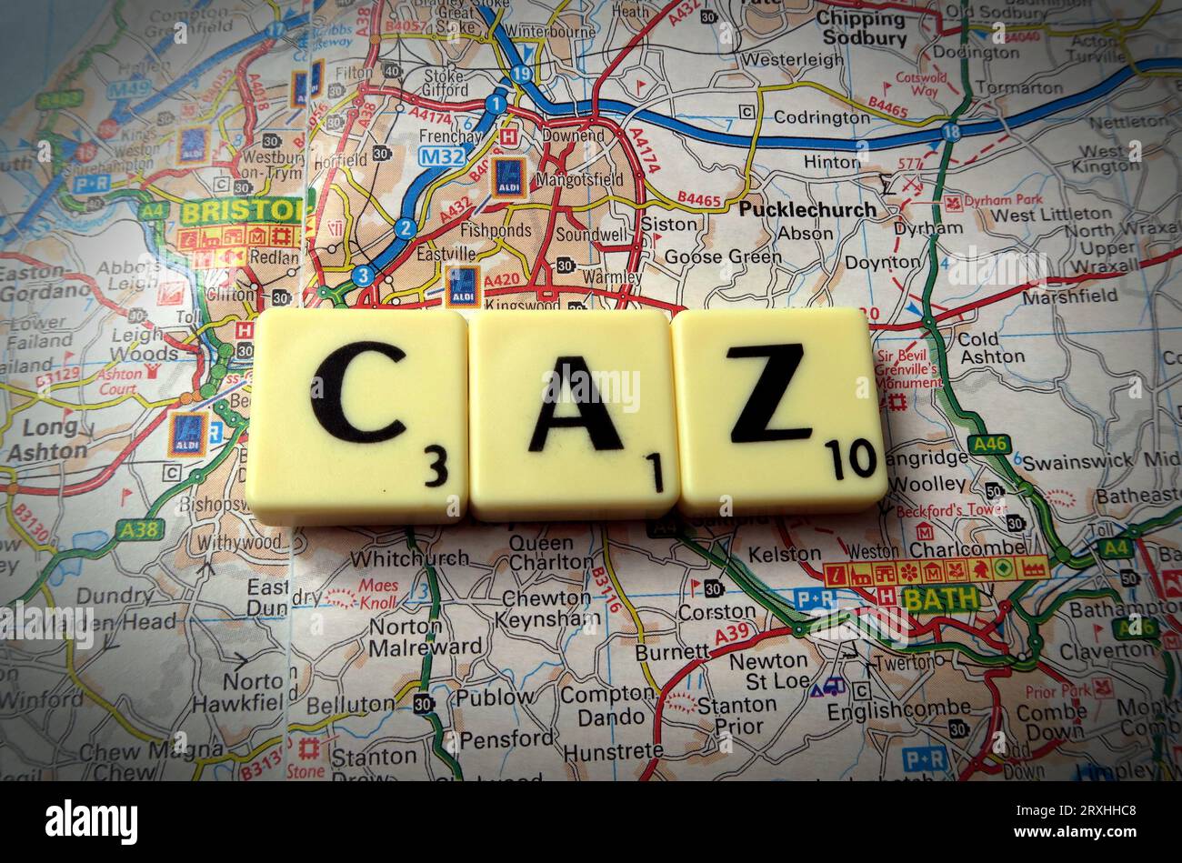 Bristol and Bath cities, CAZ Clean Air Zone - in words, Scrabble letters on a map Stock Photo