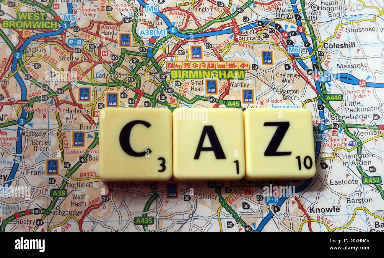 Birmingham CAZ Clean Air Zone - in words, Scrabble letters on a map Stock Photo