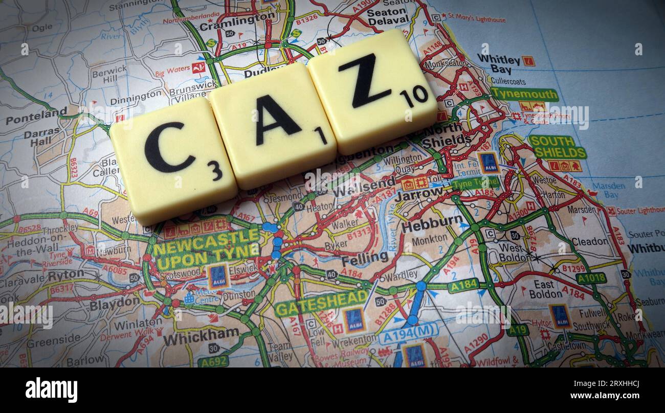 Newcastle and Gateshead CAZ Clean Air Zone - in words, Scrabble letters on a map Stock Photo
