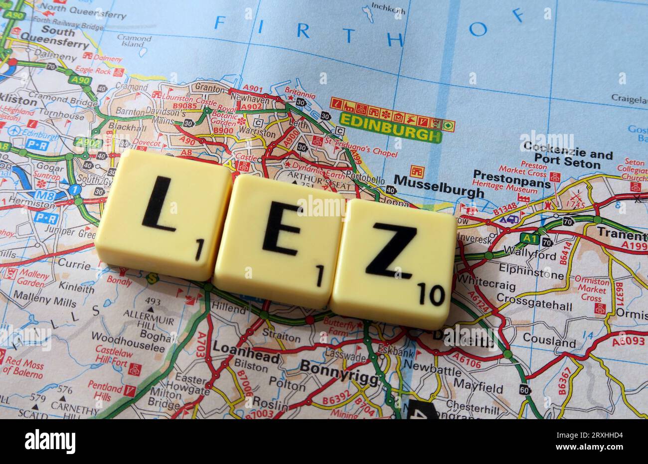 Edinburgh LEZ Low Emission Zone - in words, Scrabble letters on a map - EH2 2AA Stock Photo