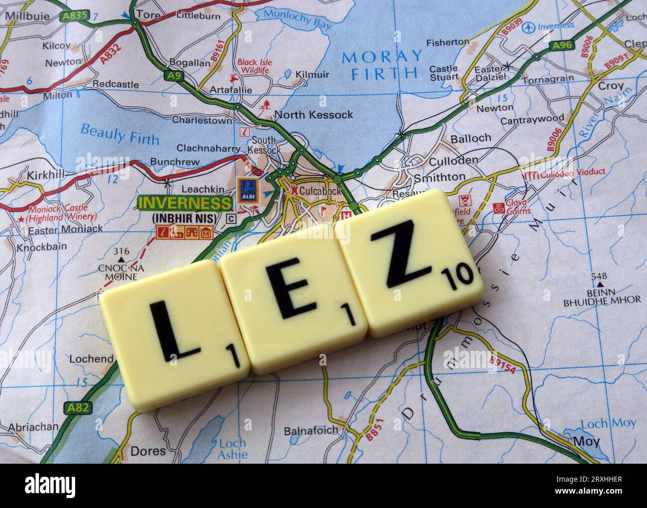 Inverness LEZ Low Emission Zone - in words, Scrabble letters on a map Stock Photo