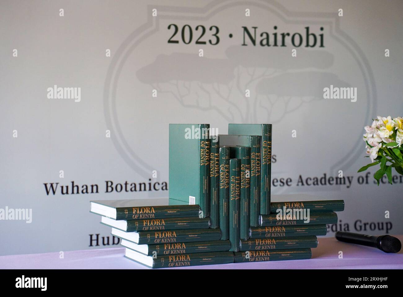 (230925) -- NAIROBI, Sept. 25, 2023 (Xinhua) -- Photo taken on Sept. 25, 2023 shows books of the 23rd volume 'Rubiaceae' of the Flora of Kenya at a book launch in Nairobi, Kenya. Scientists from China and Kenya on Monday launched a volume of the Flora of Kenya in Nairobi, marking the publication of Kenya's first national flora and filling the gap in the field of plant resources research in the country. The Flora of Kenya, which is divided into 31 volumes, will document the East African nation's nearly 7,000 plant species from 223 families. The 23rd volume, 'Rubiaceae,' is the first part of the Stock Photo