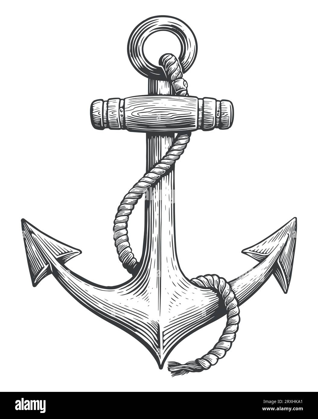 Vintage sea anchor with a rope. Hand drawn vector illustration in engraving style Stock Vector